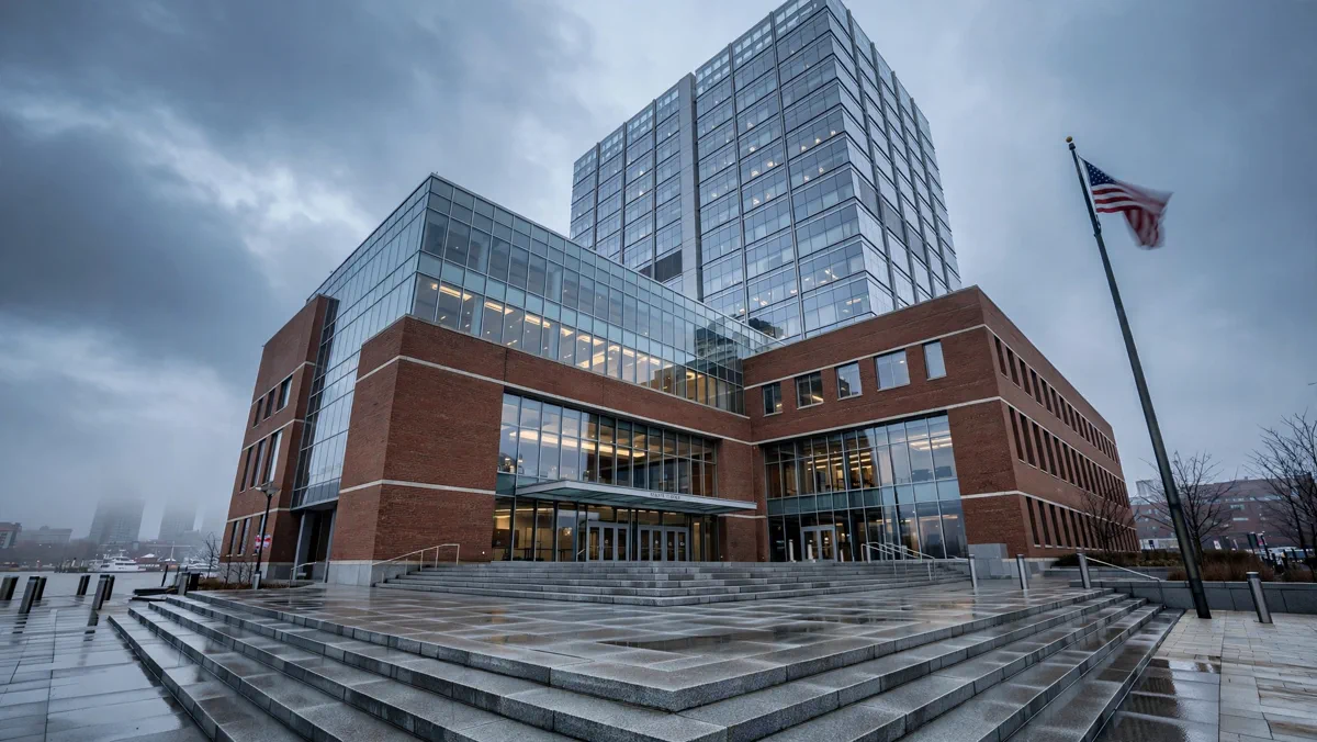 John Joseph Moakley U.S. Courthouse in Boston at dawn, where testimony in the Matthew Farwell murder trial begins today