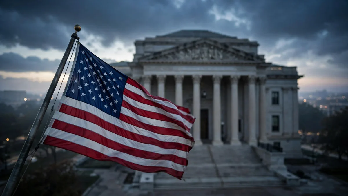 A courthouse with American flags in front