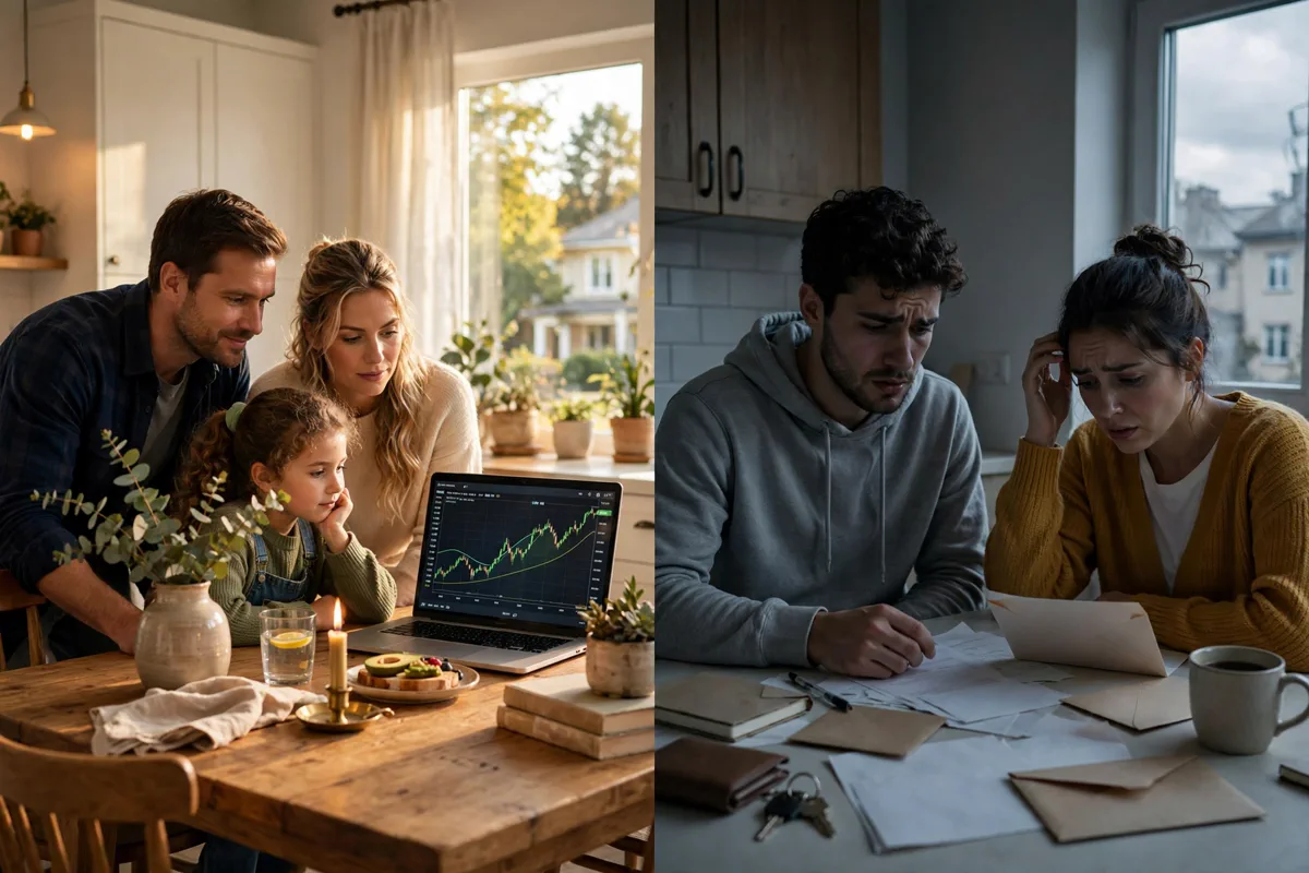 Two American households side by side: a comfortable family reviewing investments and a young couple sorting overdue bills