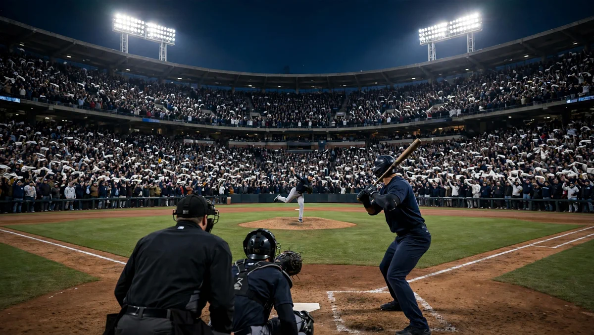 ALDS Game 5 at Progressive Field at night, pitcher mid-windup in a winner-take-all playoff game