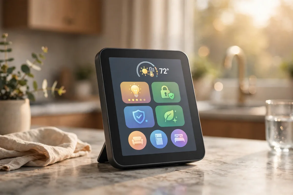 Apple HomeView smart display on a modern side table
