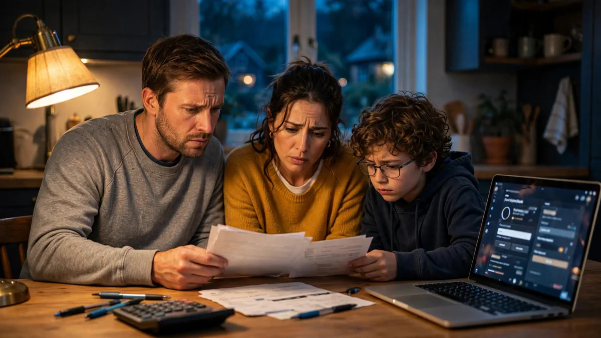 American family reviewing household bills and a credit card statement at the kitchen table at night