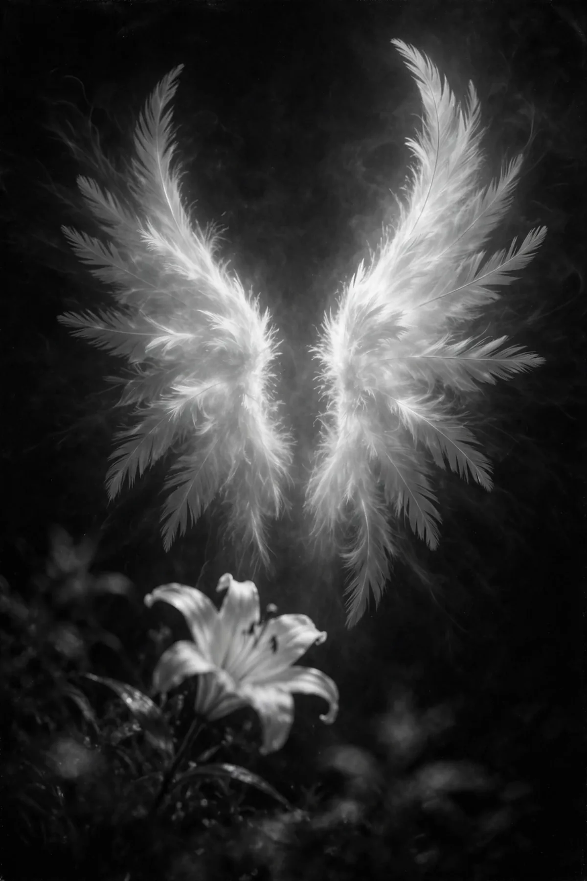 Black and white memorial artwork of angel wings with a white lily, a tribute to Presley Gerber