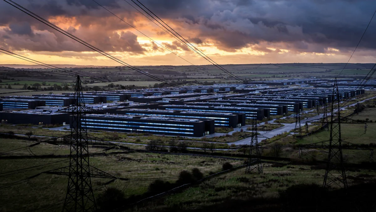 Microsoft Nscale data center campus at dusk with high voltage power lines