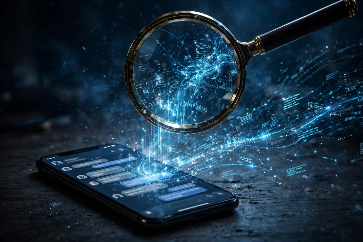 Smartphone with an AI chat conversation under a magnifying glass revealing exposed web share links, illustrating the Meta Muse chat sharing privacy leak