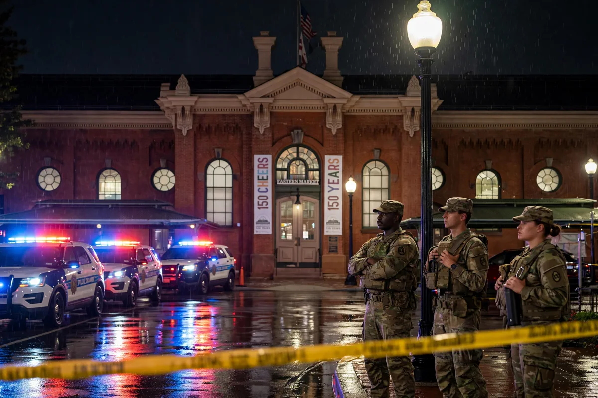 National Guard member at night in Washington DC.