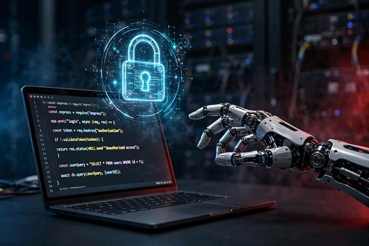 AI robot hand reaching toward a glowing digital padlock above a laptop showing website code in a dark server room