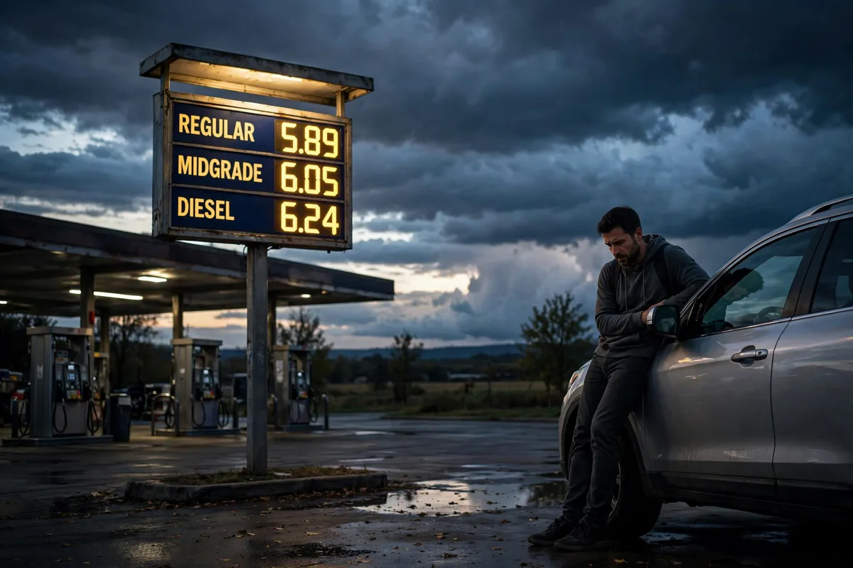 Gas station price sign at dusk as wholesale fuel prices spike