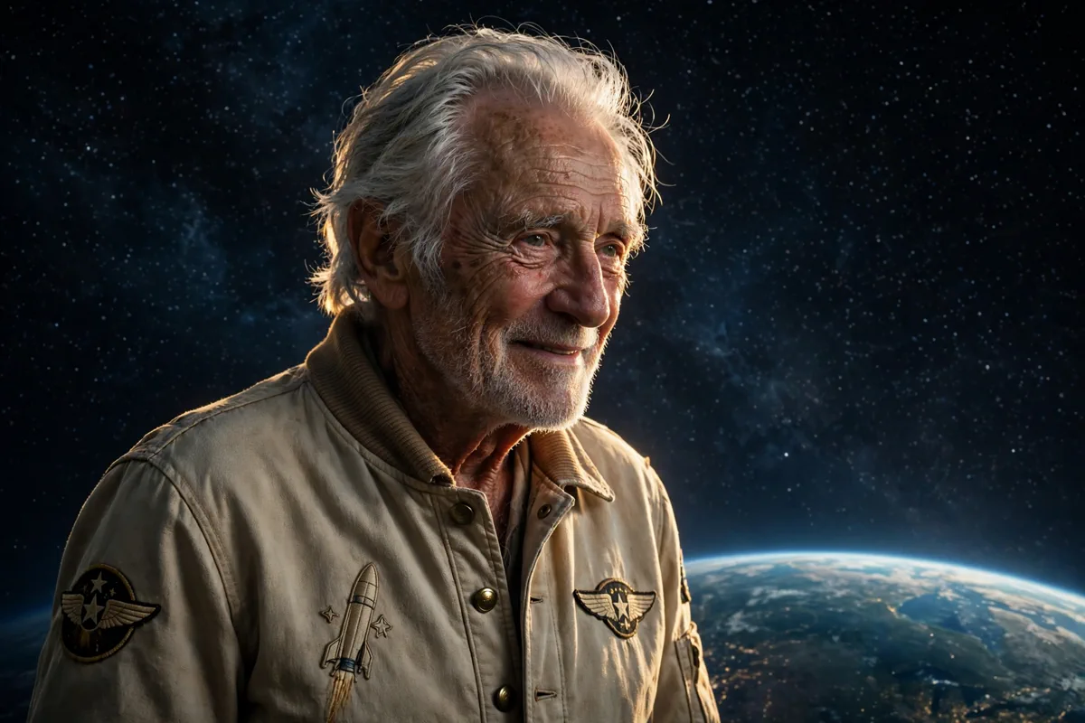 Cinematic tribute portrait of Tom Skerritt as a silver-haired spaceship captain against a starfield