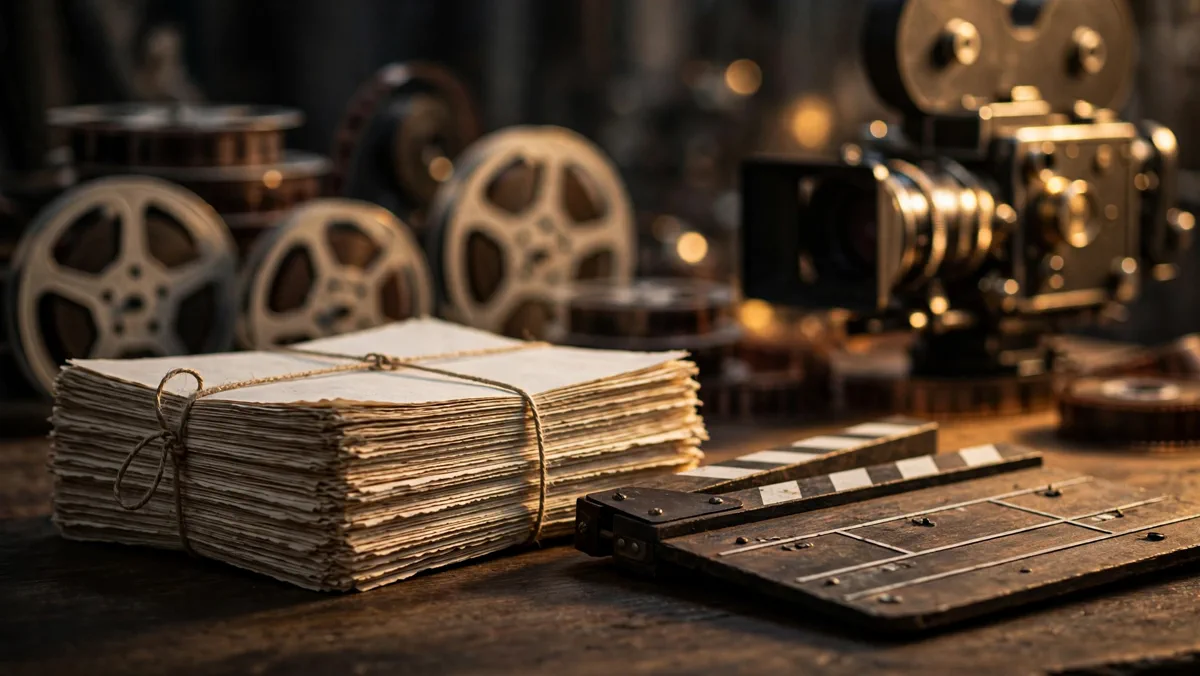 Bound screenplay pages and a director's clapperboard on a wooden desk, representing Quentin Tarantino's finished tenth film script