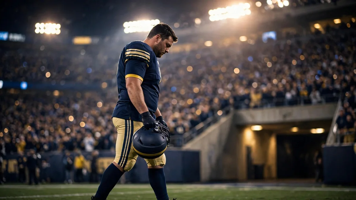 Harrison Mevis walks off the field at SoFi Stadium after the overtime loss to the Bills under bright Monday night lights