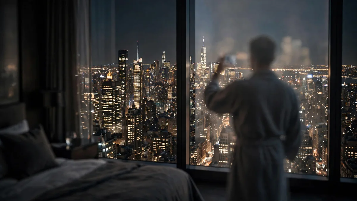 Blurred reflection of Tom Welling holding a phone in a New York City hotel window with the Manhattan skyline beyond, the viral photo setup