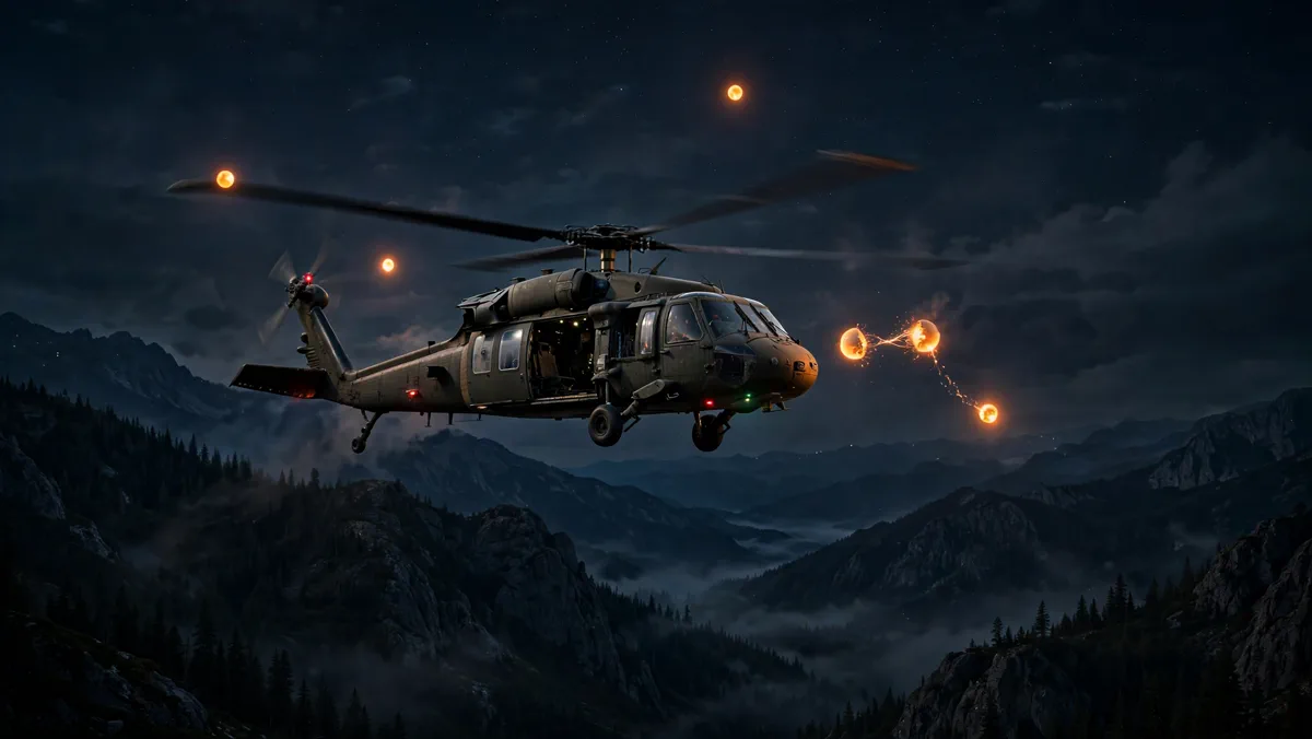 Orange orbs swarm a military helicopter over dark mountains at night