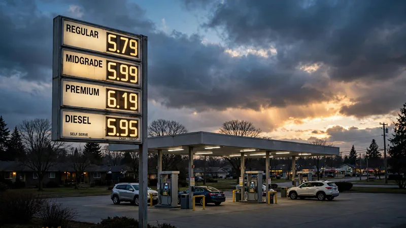 A gas station price sign at dusk showing elevated fuel prices in an American suburb