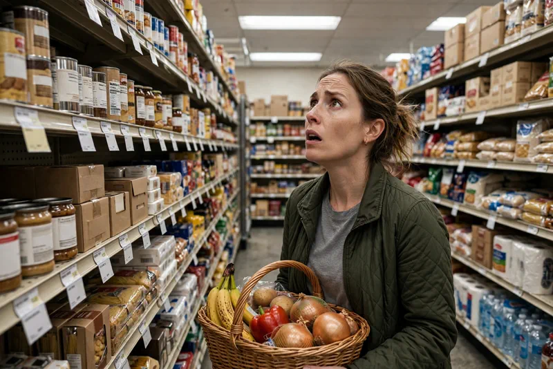 An American shopper in a grocery aisle staring at price tags on the shelves, looking stunned