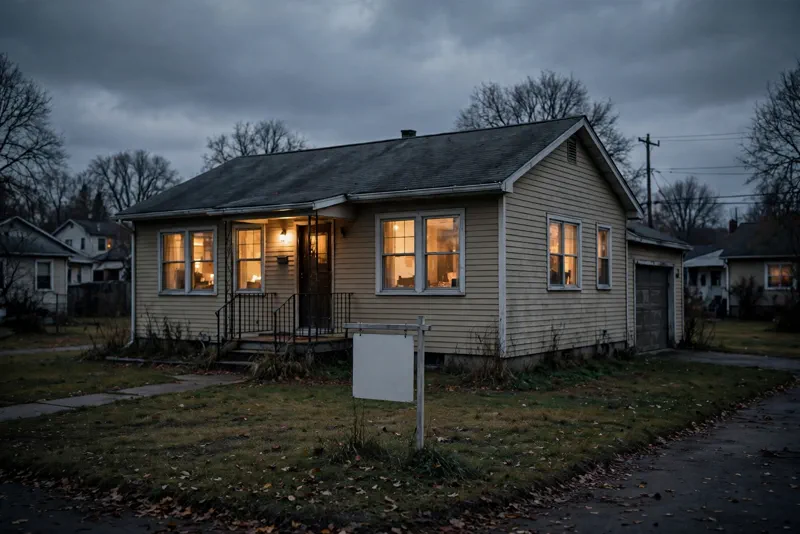 A suburban American house with a for-sale sign at dusk, illustrating unaffordable home prices
