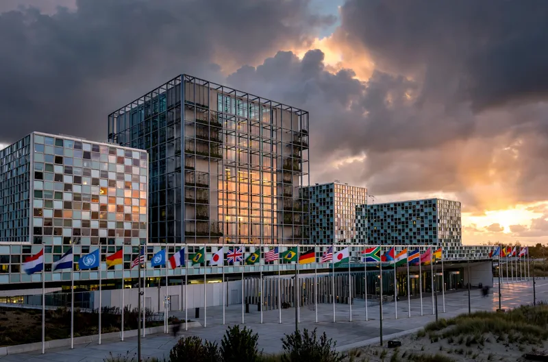 The International Criminal Court building in The Hague at dusk