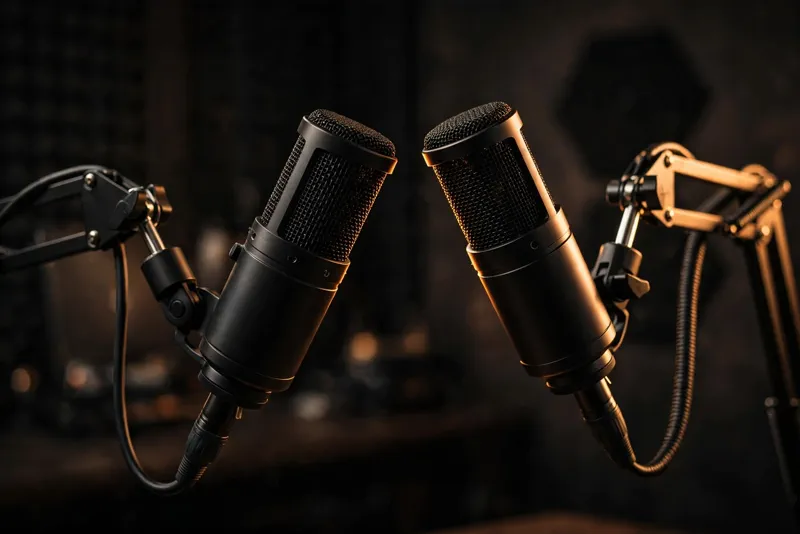 Close-up of professional podcast microphones in a dim studio