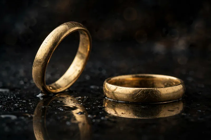 Two wedding rings on a dark surface, symbolizing the Kleins' separation