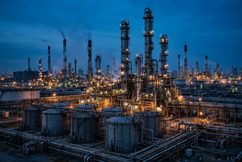 Oil refinery at dusk with distillation towers and storage tanks