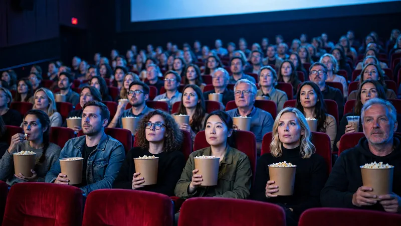 Packed movie theater audience watching the Elizabeth Holmes documentary on opening night