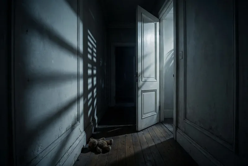 Dark hallway closet with pale light leaking out in an Other Mommy horror scene