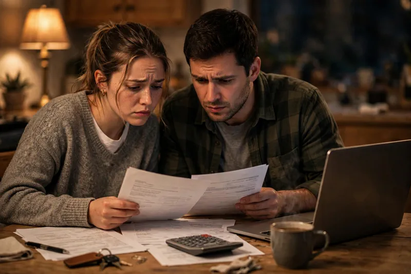 A couple reviewing mortgage documents at a kitchen table with a laptop, concerned expressions