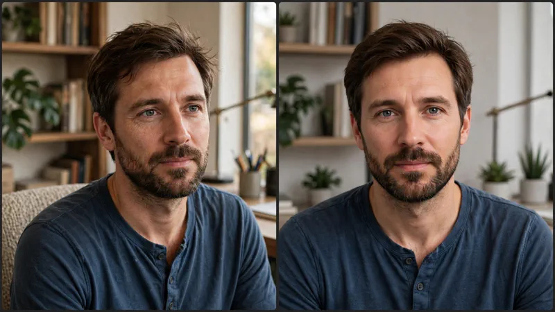 Split screen comparison of a real human and an AI-generated avatar during a video call