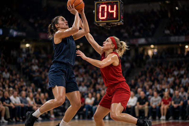 Valkyries guard shoots over a Dream defender in the fourth quarter of WNBA Finals Game 1