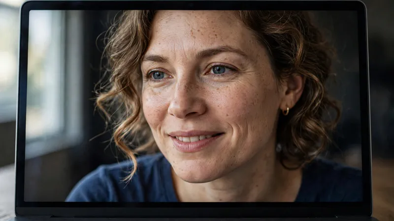 Close-up of a photorealistic AI avatar mid-conversation with natural facial expressions