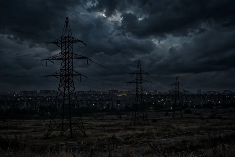 Nighttime city skyline with darkened buildings during a wartime energy blackout