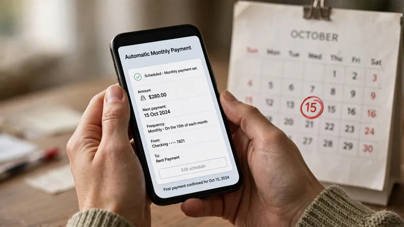 Hands scheduling automatic monthly payments on a banking app