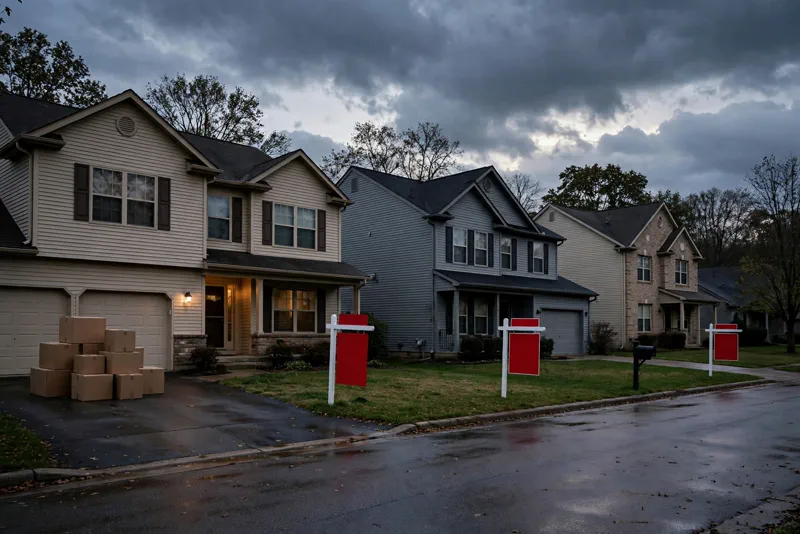 A For Sale sign in front of an American suburban home with a dramatic sky, price tag and moving boxes