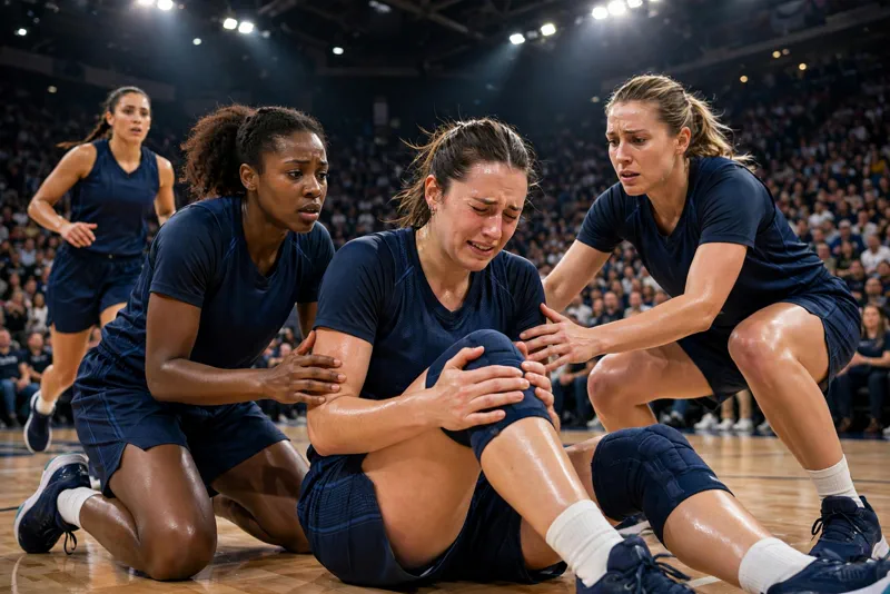 Valkyries player holds her knee after a fourth-quarter collision during WNBA Finals Game 1
