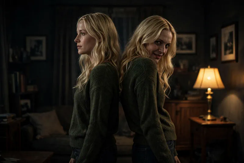 Two identical women, one calm and one menacing, in the Other Mommy doppelganger scene