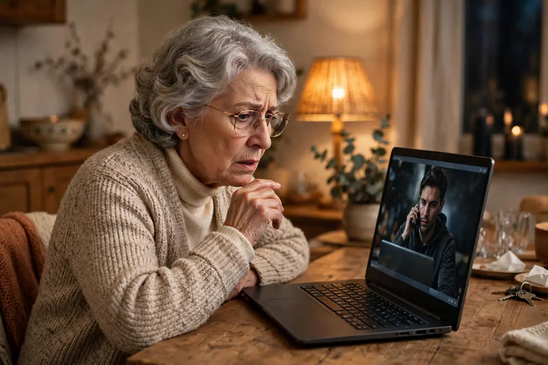 Person examining a suspicious video call on a laptop, highlighting deepfake scam risk