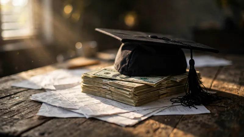 Graduation cap on a stack of dollar bills symbolizing student loan debt