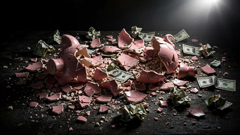 Shattered piggy bank with dollar bills scattered on a dark table, symbolizing investor money lost in the Theranos fraud