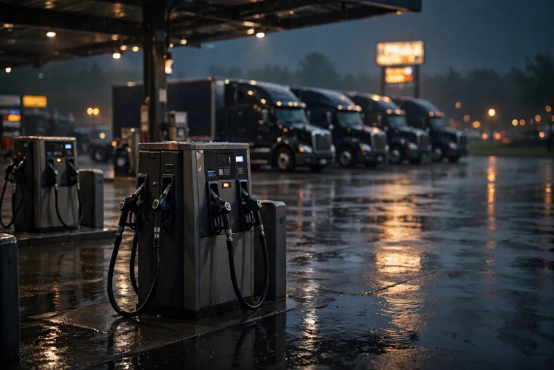 Diesel fuel pumps at an American highway truck stop at night