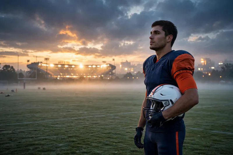 Cole Kmet on an empty practice field at dawn facing a long rehab after his season-ending knee injury