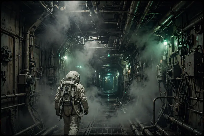 A lone spaceship captain in a vintage white spacesuit walking through a dark sci-fi corridor, a tribute to Tom Skerritt's role as Captain Dallas in Alien