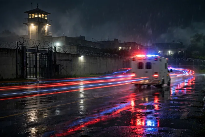 Ambulance with flashing lights leaving a federal prison gate at night
