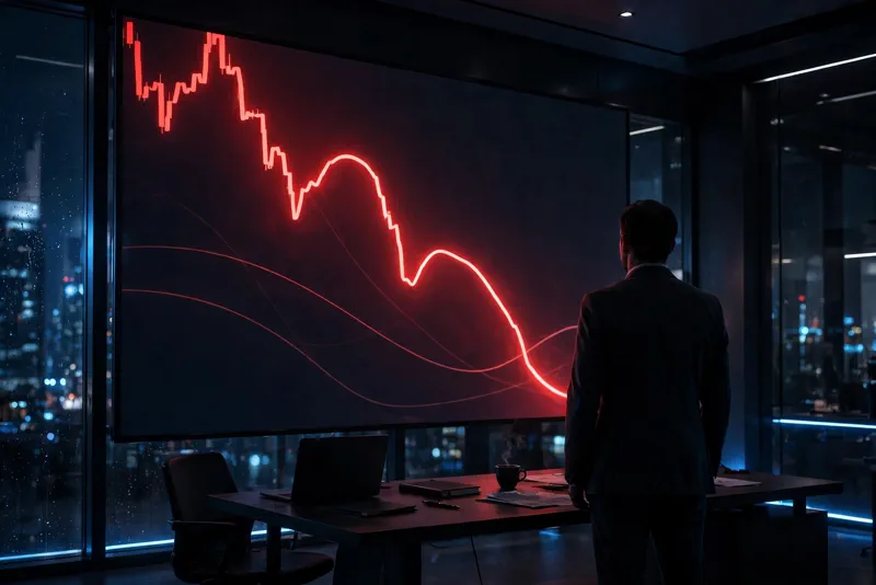 Silhouetted analyst watching a plunging red stock chart on a large wall screen
