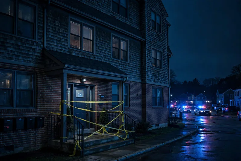 Apartment building at night behind yellow police tape, the scene federal investigators reexamined before ruling Sandra Birchmore's death a homicide