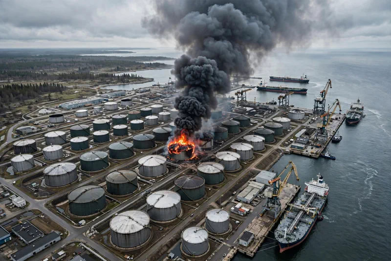Aerial view of the St. Petersburg oil terminal, where a fire broke out after an overnight Ukrainian drone attack