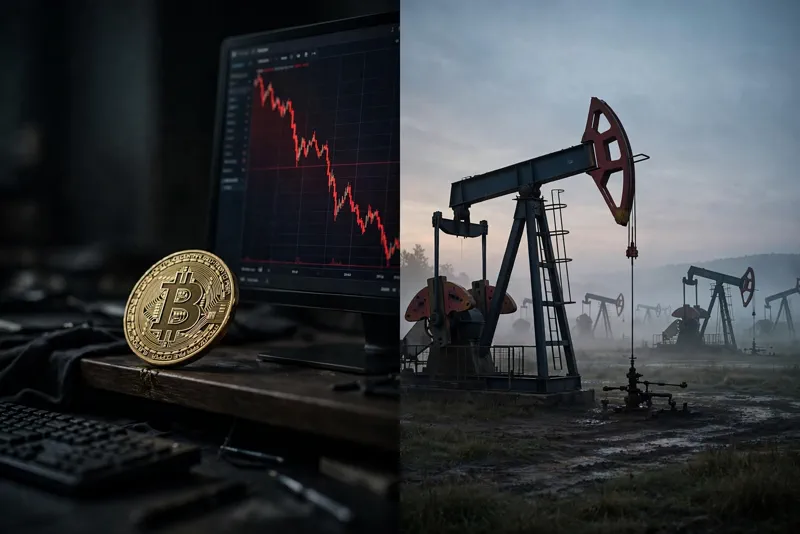 Physical Bitcoin coin tipping over beside an oil pumpjack at dawn, as crypto slides while energy prices surge