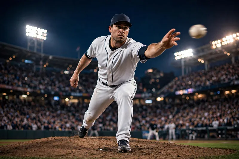 Sean Burke releasing a pitch during a night playoff game