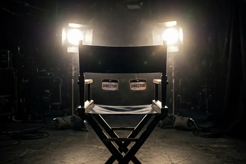 An empty director's chair on a movie set under studio lights, marking the Batman Part II transition