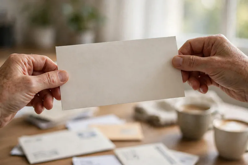 Hands holding a government check envelope over morning mail on a kitchen table, illustrating the $500 ACA refund check payments