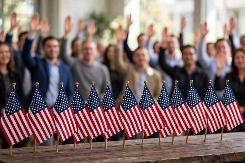 Small American flags at a US citizenship ceremony with people raising their right hands